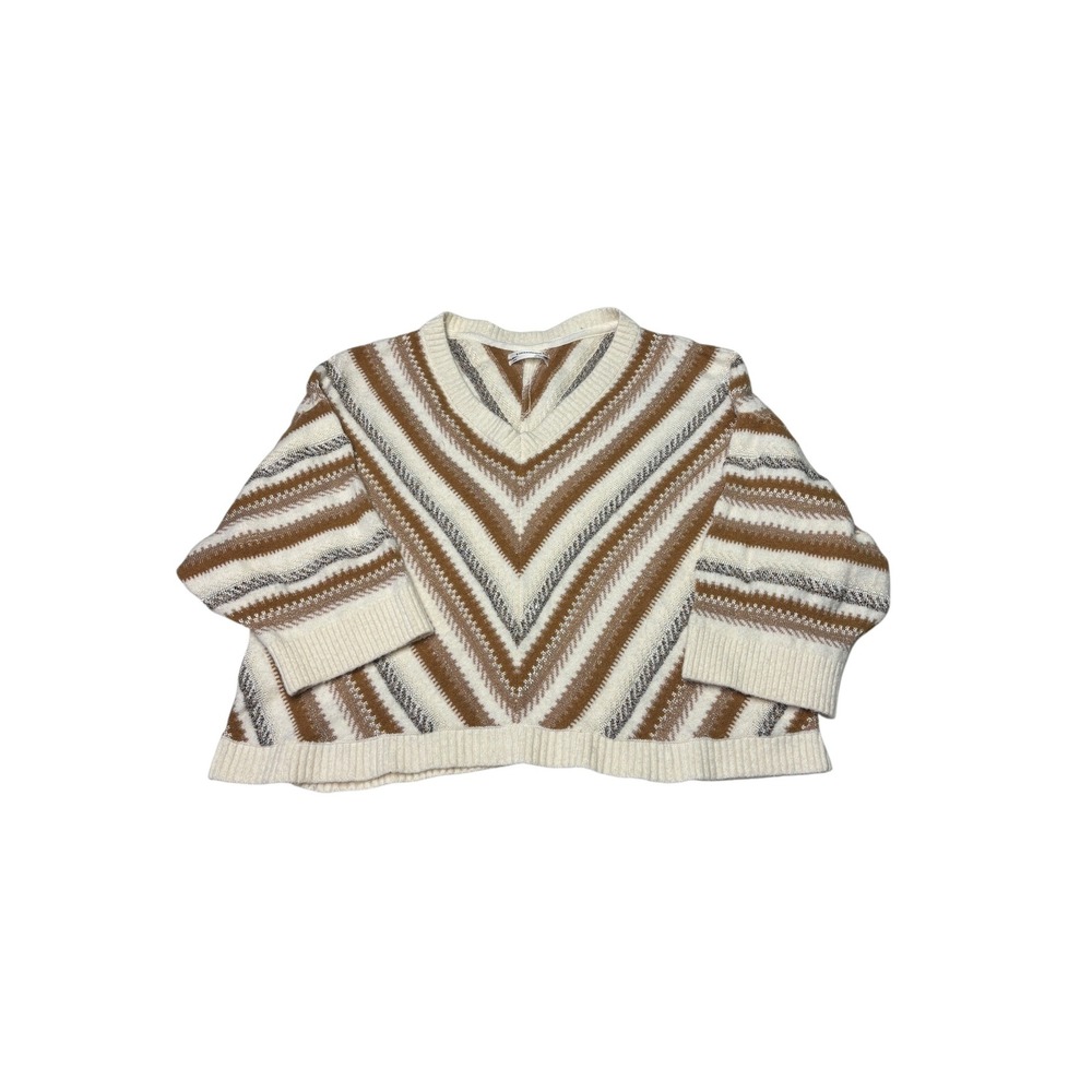 Anthropologie Chevron Stripe V-Neck Sweater Metallic Knit Tan Cream XS/S